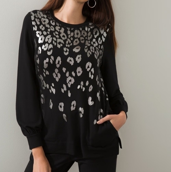Chico's Sweaters - Black Leopard Print Sweater With Pockets Tunic Contemporary Medium Career
